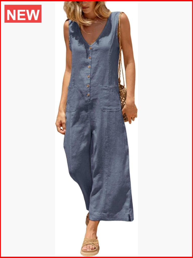 Cotton Linen Jumpsuit With Pockets, V-Neck Button Up, Wide Leg